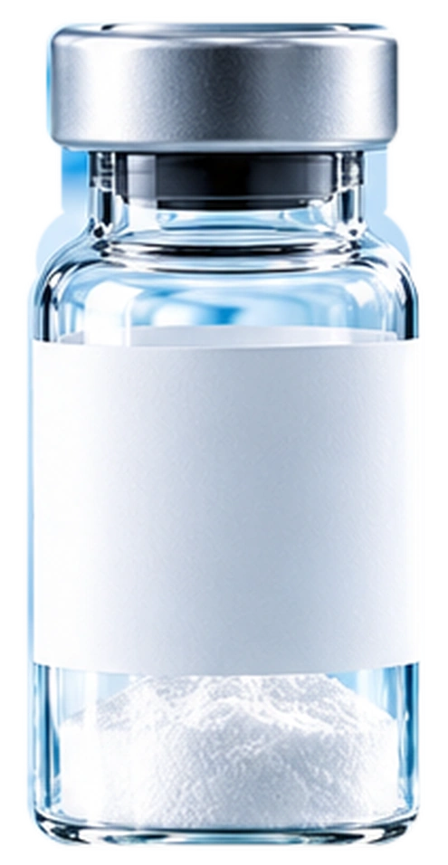 Glass research vial containing white lyophilized powder