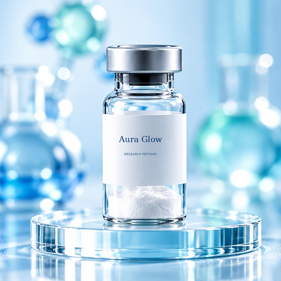 Aura Glow glass laboratory vial with visible white lyophilized powder; illustrative packaging