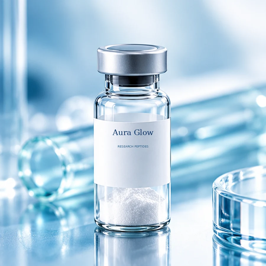 Aura Glow glass laboratory vial with visible white lyophilized powder; illustrative packaging