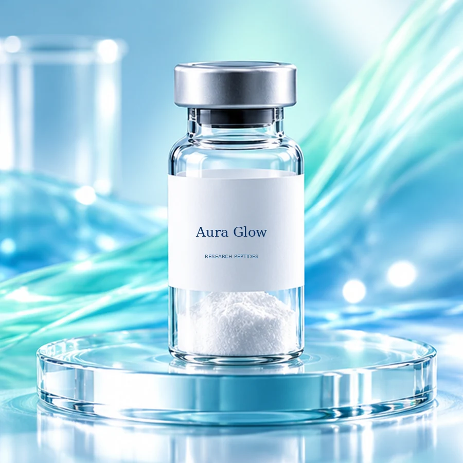 Aura Glow glass laboratory vial with visible white lyophilized powder; illustrative packaging