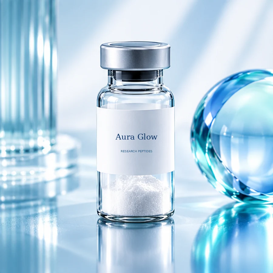 Aura Glow glass laboratory vial with visible white lyophilized powder; illustrative packaging